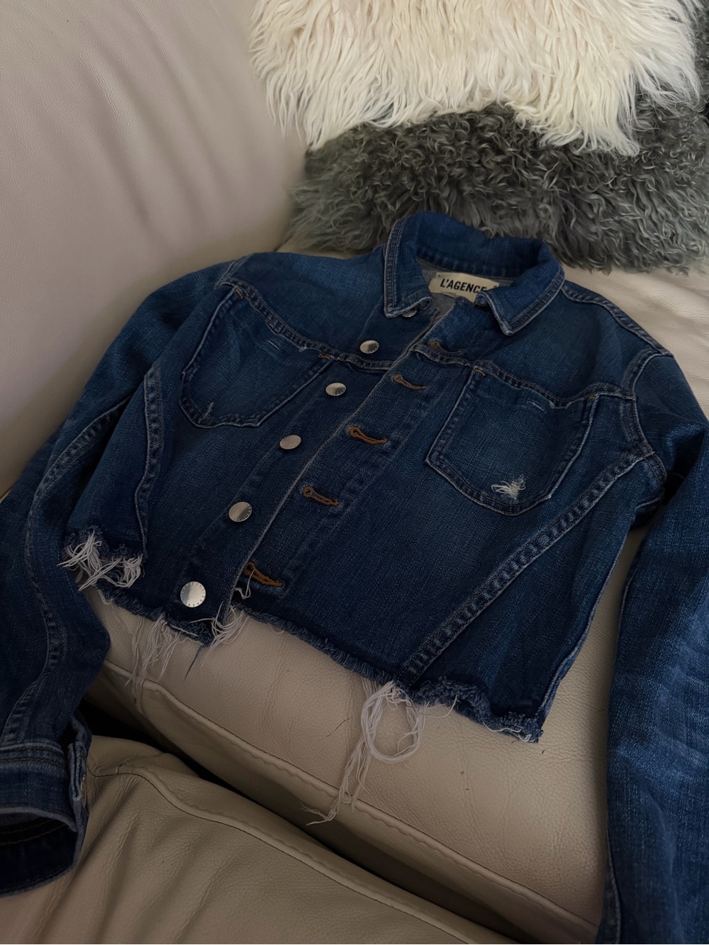 L'AGENCE Distressed Blue Cropped Denim Jacket